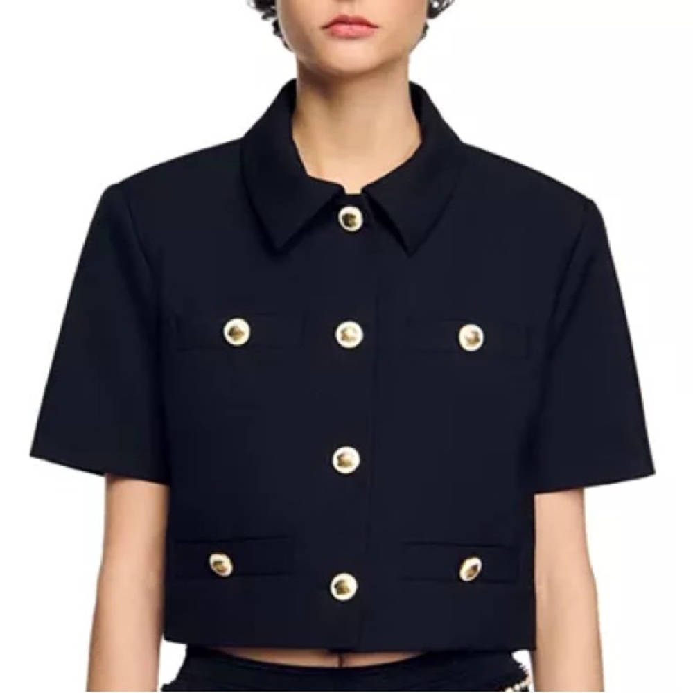 Sandro Short-Sleeve Navy Jacket with Gold Buttons